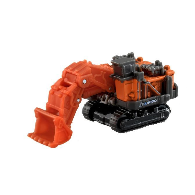 Orange and black toy excavator with a large bucket and the text "EX8000" on the side.