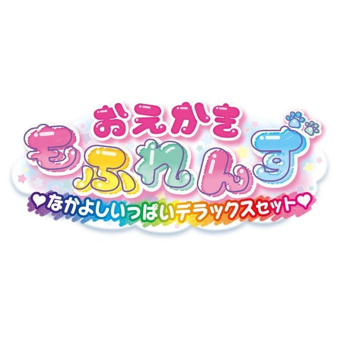 Colorful 'Oekaki More Fun' toy logo with hearts and paw prints.