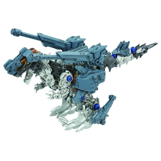  Grey and white Zoids toy with cannons, dinosaur-like appearance, and intricate mechanical details.