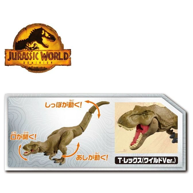  Jurassic World Dominion T-Rex toy with moving tail, legs, and opening mouth.