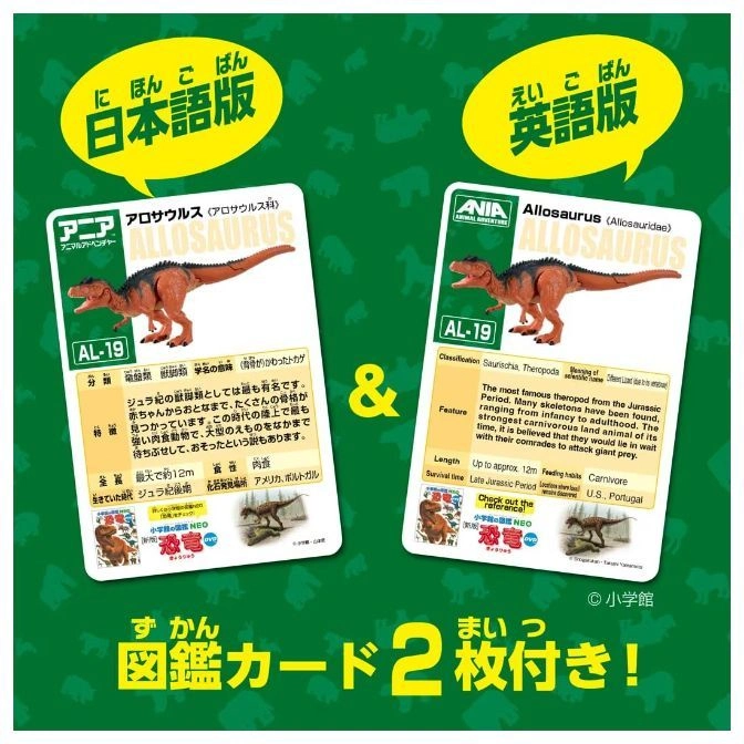  Allosaurus toy card in Japanese and English, showing a dinosaur figure and facts.
