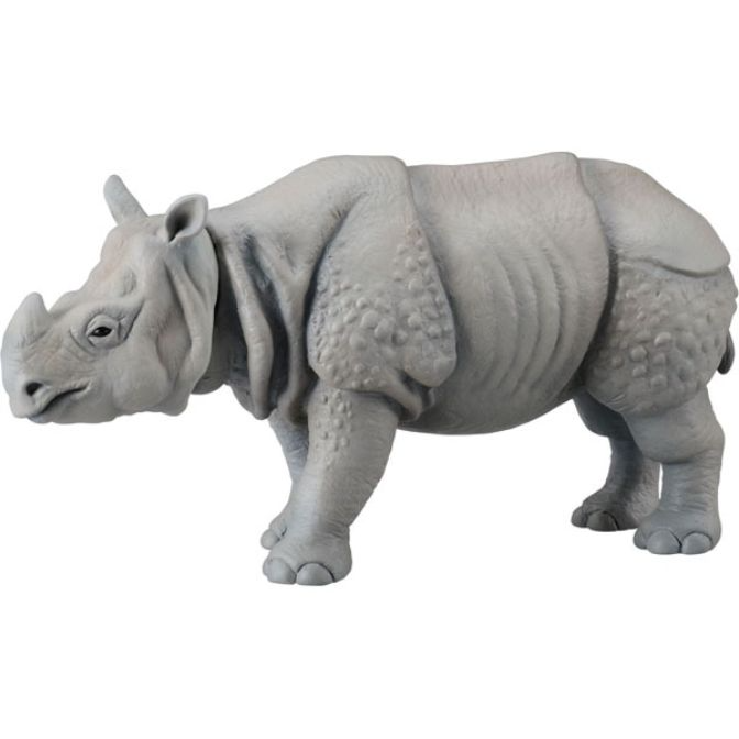 Grey rhinoceros toy with detailed skin texture and two horns.