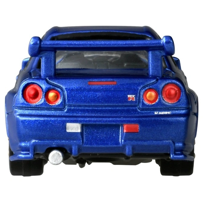  Blue toy Nissan Skyline GT-R R34 with spoiler, taillights, and exhaust pipe.