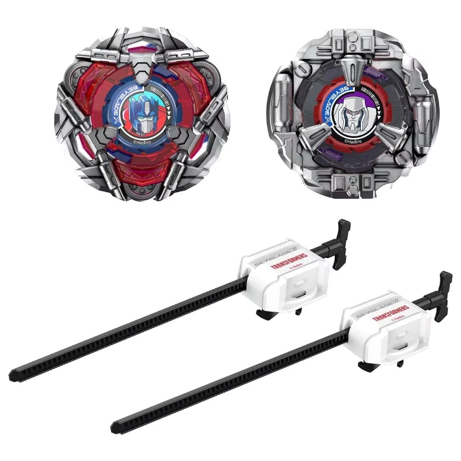 Transformers Beyblade toys: Optimus Prime and Megatron tops with launchers.