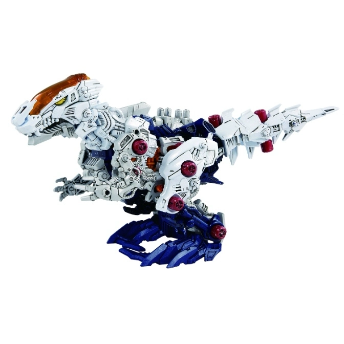  White and blue dinosaur robot toy with intricate mechanical details and red accents.