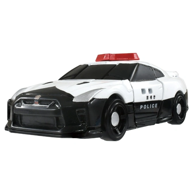  Toy Nissan GT-R police car with red light bar, black and white paint job, and "Police" printed on the side.