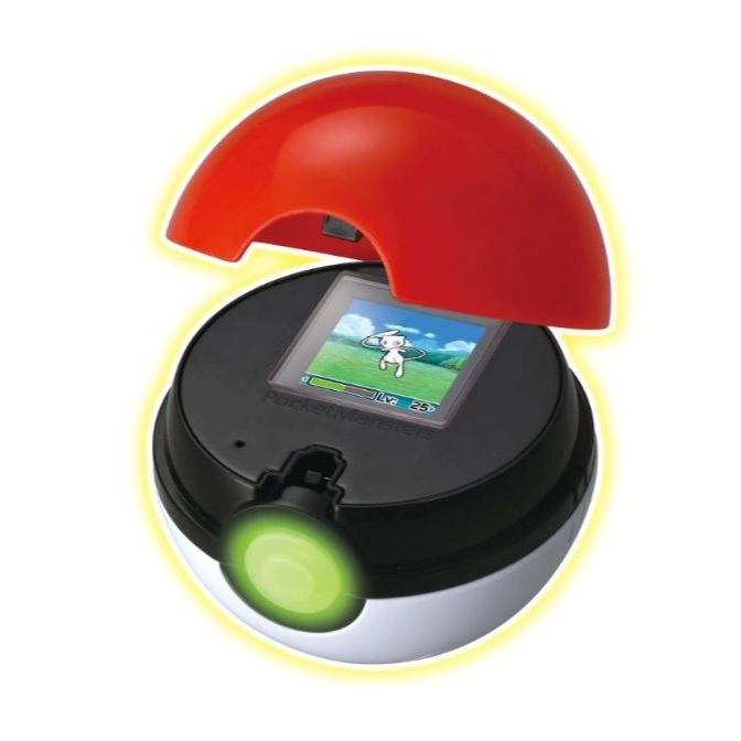 Open Poké Ball toy with a screen showing a Pokémon character and a glowing green button.