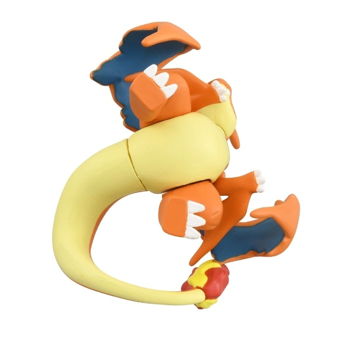  Charizard toy figure with orange and blue wings, yellow body, and flame-tipped tail.