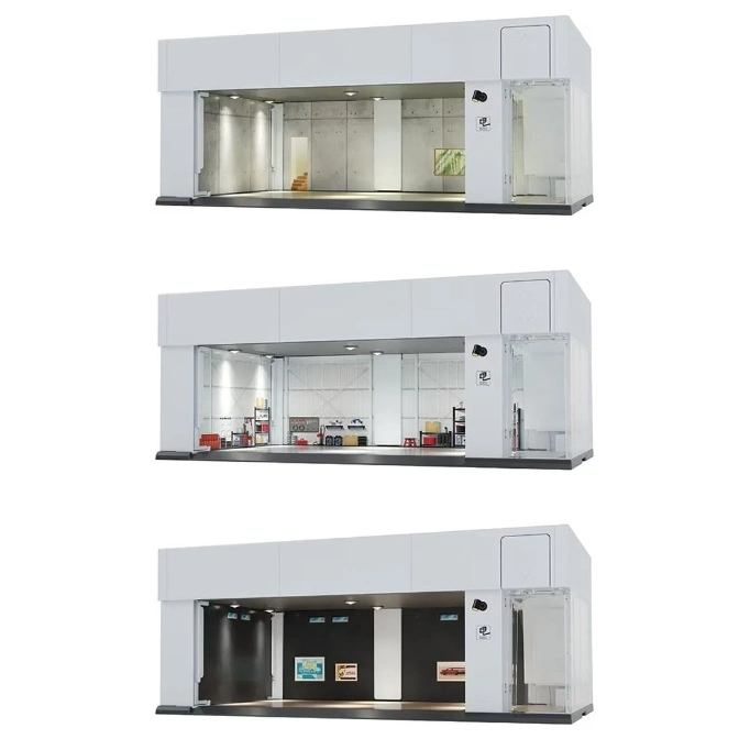  Three-level diorama of a white garage with different interior designs, showcasing various themes and settings.