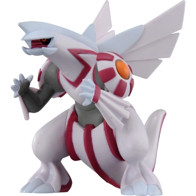 Palkia action figure in a dynamic pose, showcasing its white, pink, and grey coloring.