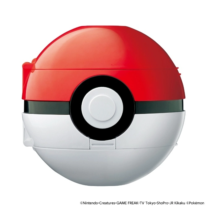  Red and white Poké Ball toy with a black band and white button.