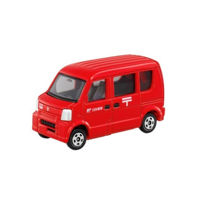 Red toy postal van with Japanese post logo. A miniature diecast model.