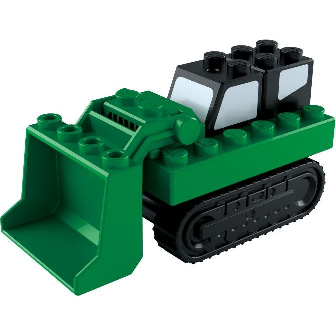  Green and black toy bulldozer with a large front scoop and treaded wheels.