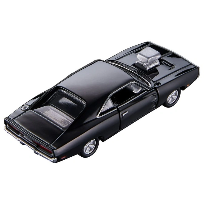  Black toy Dodge Charger with a supercharger on the hood.