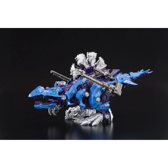 Blue and purple Zoids toy dinosaur with white frills and gun attachments.