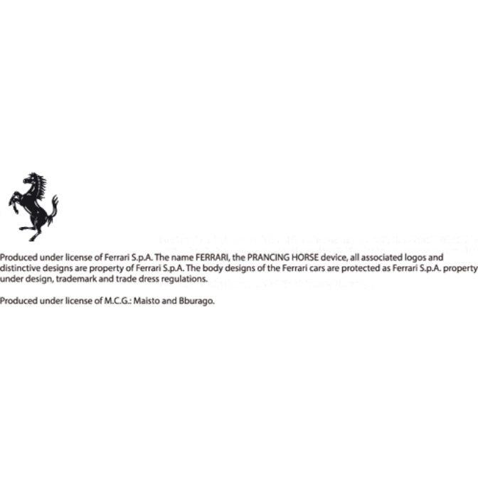  Ferrari branding: prancing horse logo and legal text regarding trademarks and licensing.