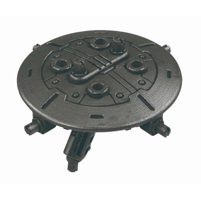  Round, dark gray toy platform with detailed surface and three legs.