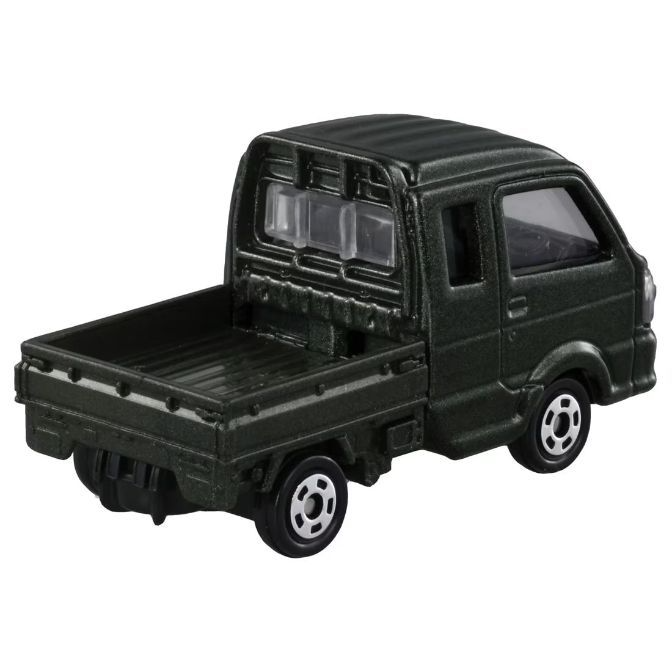  Dark green toy pickup truck with a flatbed and detailed wheels.