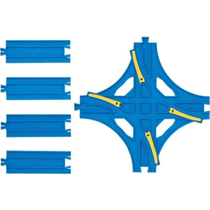 A set of blue plastic toy train tracks, including four straight pieces and one four-way intersection piece with yellow switches.