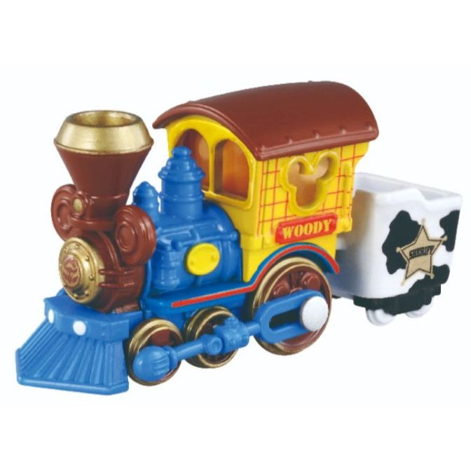 Toy Story Woody's train with a sheriff car, featuring blue, yellow, brown, and gold colors.