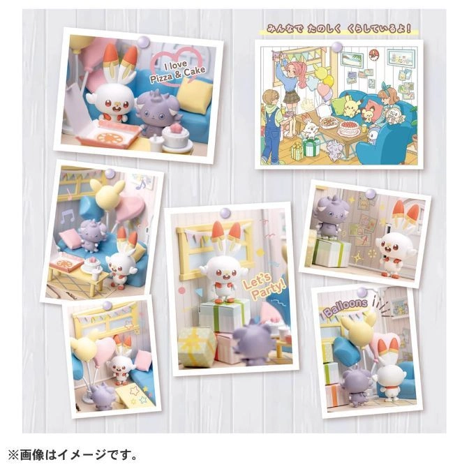  Miniature toy scenes pinned to a wall: party themes with animal figures, balloons, cake, and gifts.