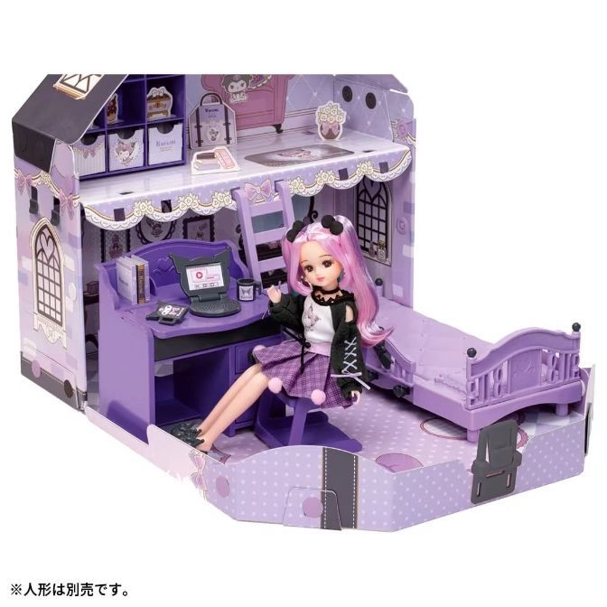  Kuromi dollhouse with doll at desk. Purple furniture, two-story design.