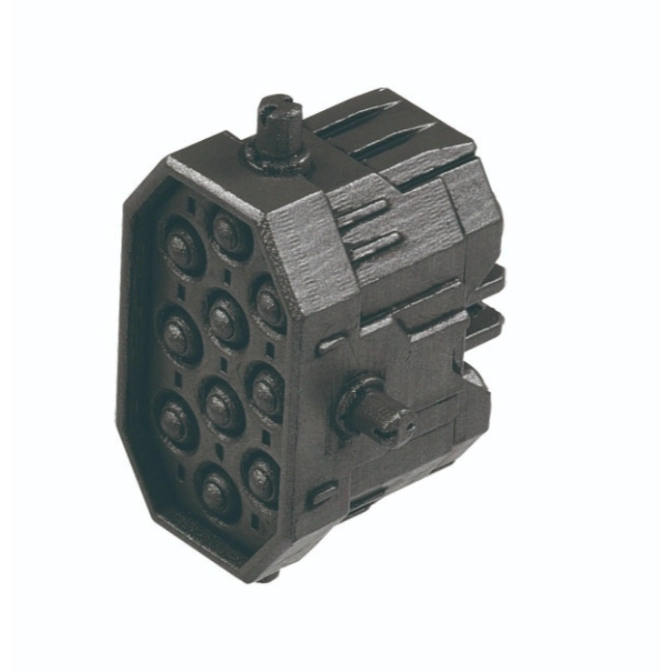  Black, multi-pin electrical connector with a textured surface and cylindrical pins.