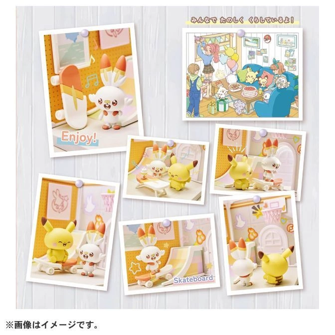  Pokémon figures on display: Pikachu and Scorbunny in various playful scenes, like skateboarding and having a party.