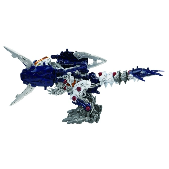  Blue and white Zoids toy with shark-like head and dinosaur-like body.