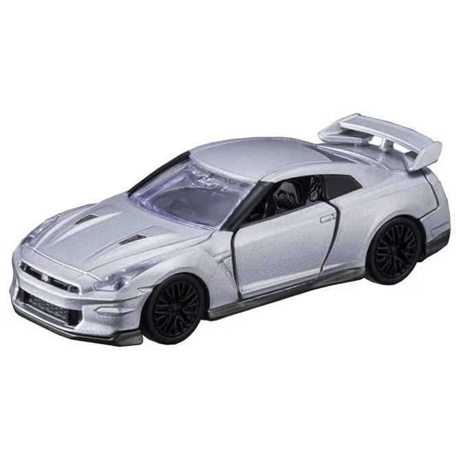 Silver Nissan GT-R toy car with black wheels and spoiler.