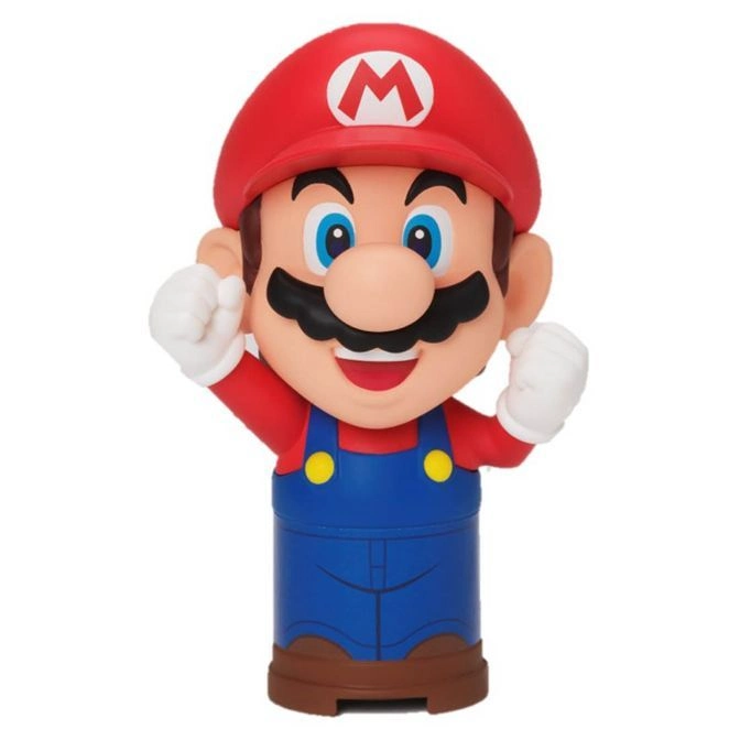  Mario toy figure with red hat, blue overalls, and white gloves raised in a celebratory pose.