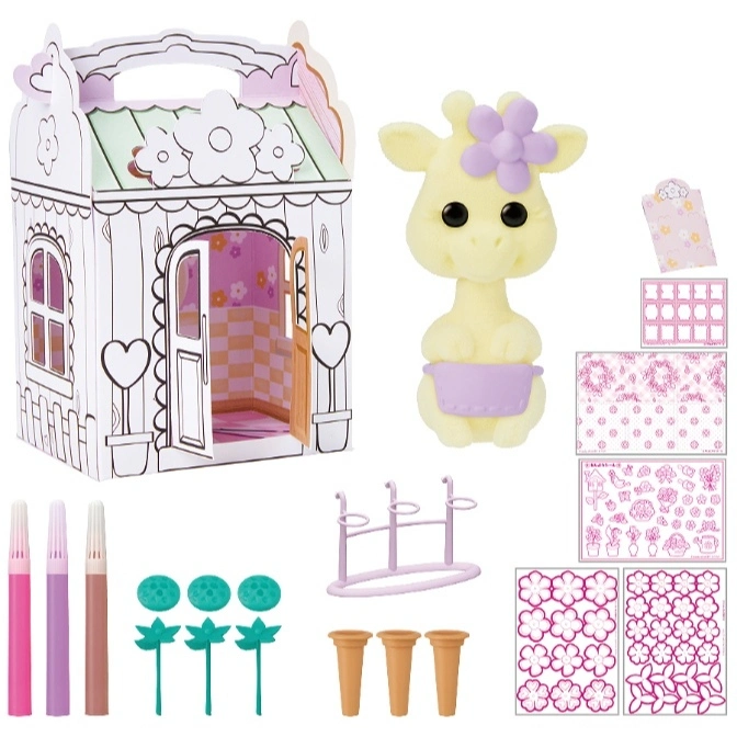  Toy set with a giraffe figurine, coloring house, markers, flower accessories, and decorative paper.