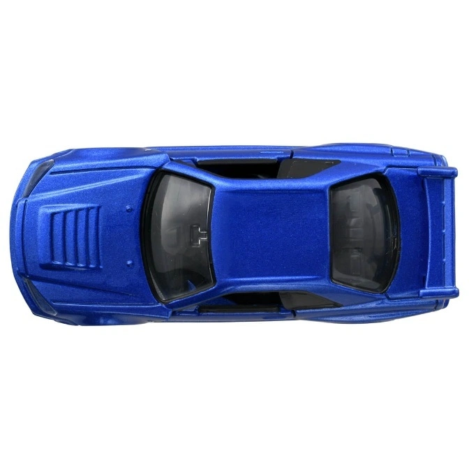  Overhead view of a blue toy sports car with visible windows and rear spoiler.