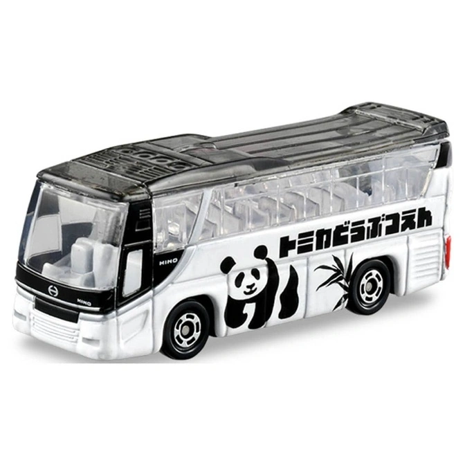  Panda-themed toy bus with black and white design and clear windows.