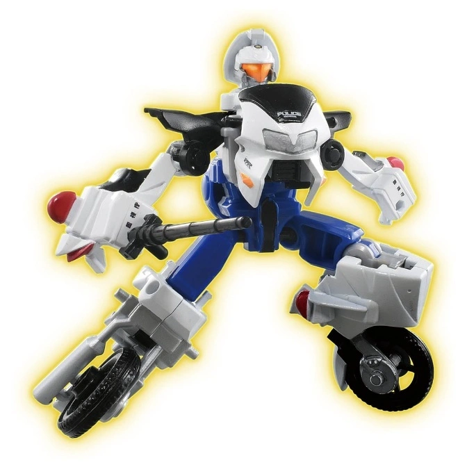 Motorcycle transforming robot toy in white, blue, and black, posed dynamically.