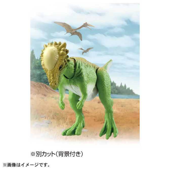  Green Stygimoloch toy with detailed head frill, standing against a prehistoric backdrop with flying reptiles.