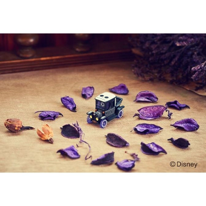  Vintage toy car surrounded by dried flower petals on a tan surface.