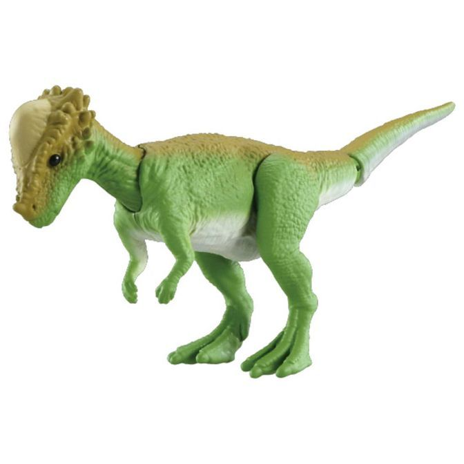  Green Pachycephalosaurus toy with a tan head and tail, standing on a white background.