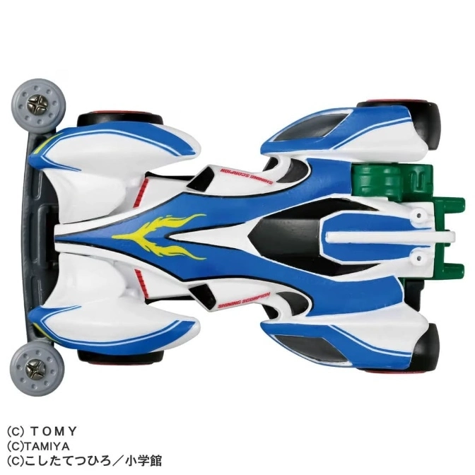  Blue and white Shining Scorpion Mini 4WD car with yellow flame decals and green rear stabilizers.