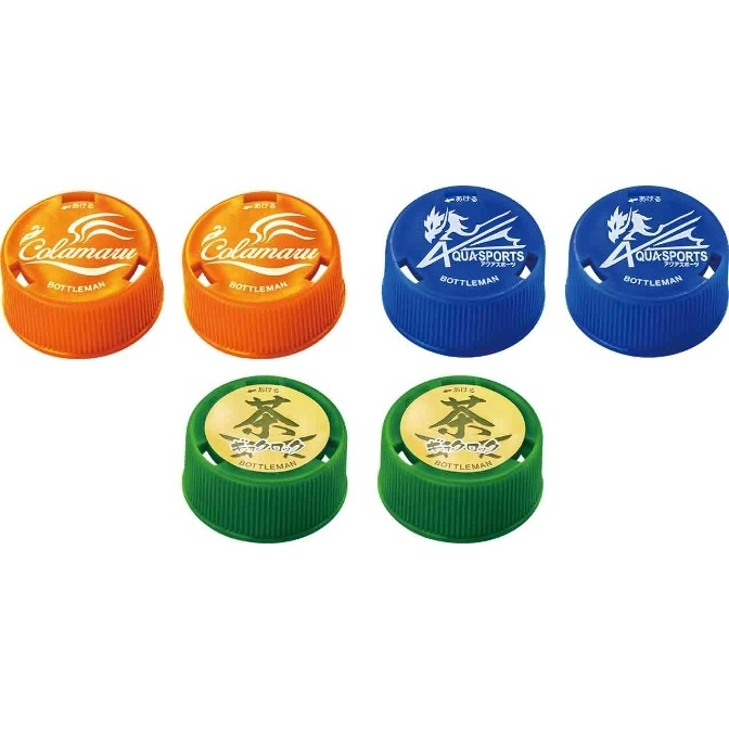 Four Bottleman bottle caps: two orange Colamaru, two blue Aqua Sports, and two green tea Gyokuro.