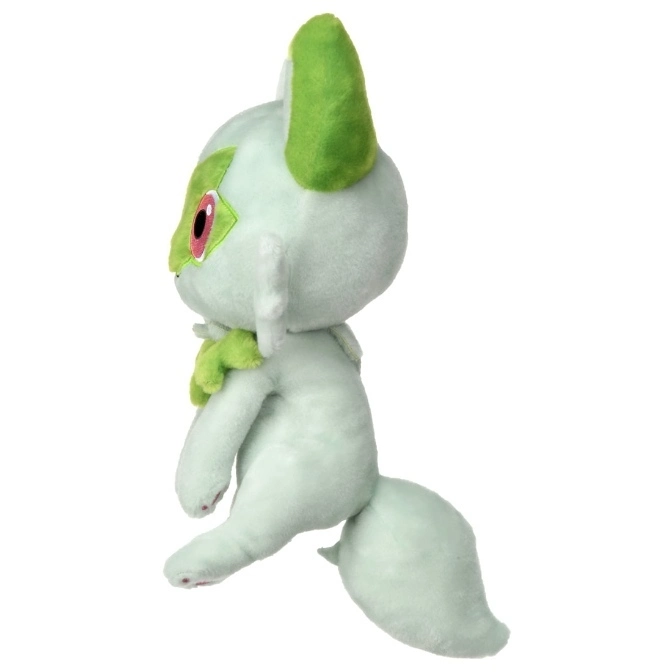  Sprigatito plush toy, side view. Light green body with green accents on head and neck.