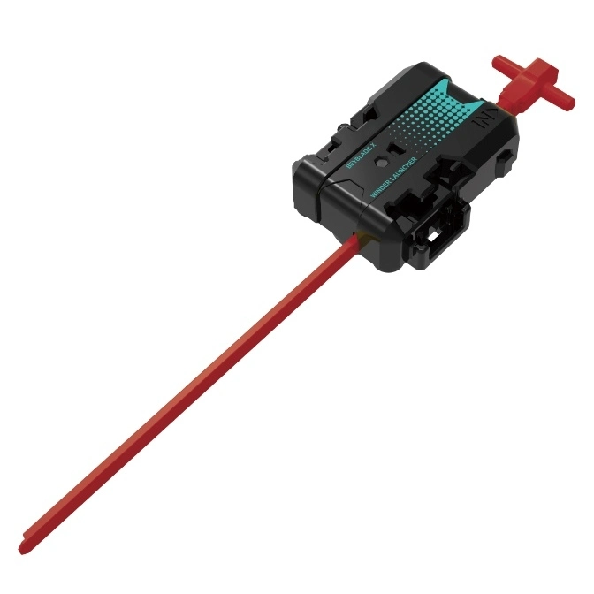  Beyblade X winder launcher with red ripcord. Black launcher with blue accents.