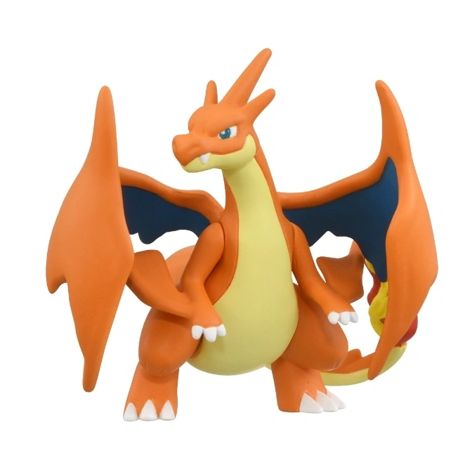 Orange Charizard toy with blue wings and a flame on its tail.