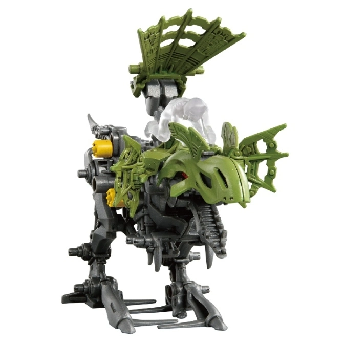  Green and grey dinosaur robot toy with a clear figure riding on top.