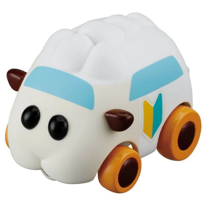  White guinea pig car toy with blue windows and brown ears and orange wheels.