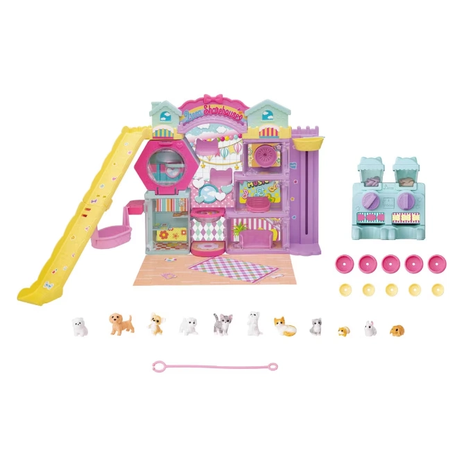  Polly Pocket Dream Sharehouse playset with slide, furniture, and miniature animal figures.