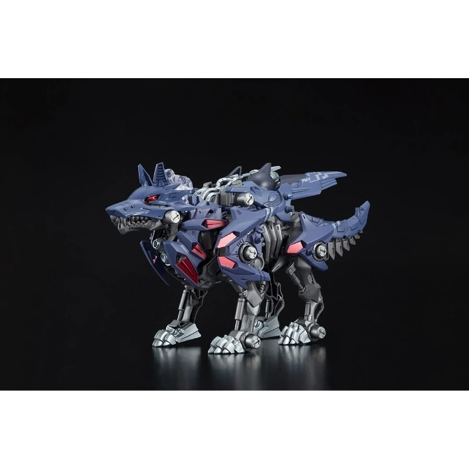  Blue robotic wolf toy with red accents, standing on a reflective surface.