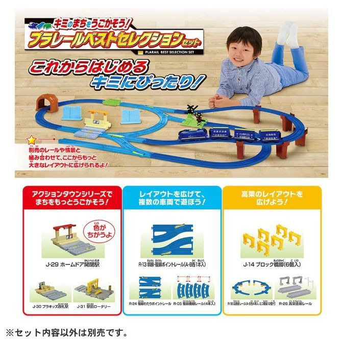  A product image of a Plarail Best Selection Set, featuring a blue train set with elevated tracks and various accessories, alongside a young boy lying on the floor, smiling and looking at the train set. The image also includes smaller product images of additional track pieces and accessories, with Japanese text describing the set and its features.