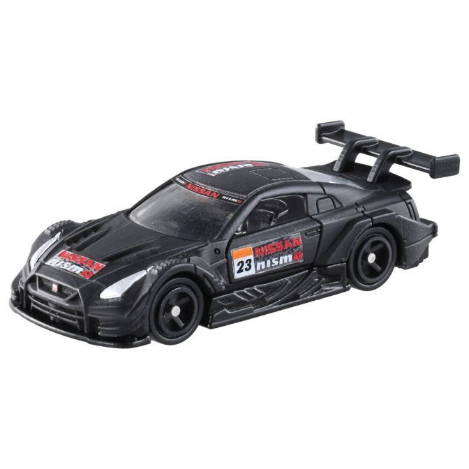 Black Nissan GT-R Nismo toy car with racing decals and a large rear wing.