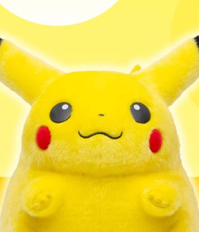 Yellow Pikachu plush toy with red cheeks on bright background.